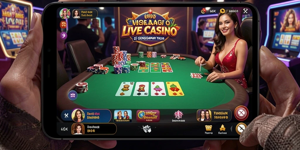 Screenshot gameplay Live Casino yang menampilkan dealer dan pemain.