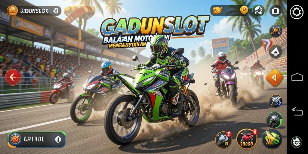 Tampilan gameplay seru GADUNSLOT dengan balapan motor yang menegangkan.