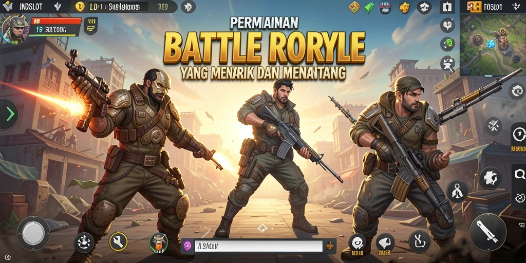 Screenshot utama INDSLOT menampilkan aksi pertempuran dalam mode Battle Royale.