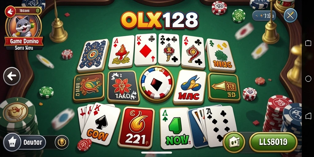 Tampilan screenshot gameplay OLX128 dengan suasana permainan Domino yang hidup.
